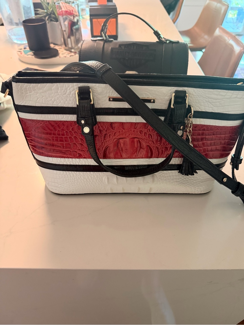 Brahmin White & Red Croc-Embossed Crossbody Tote